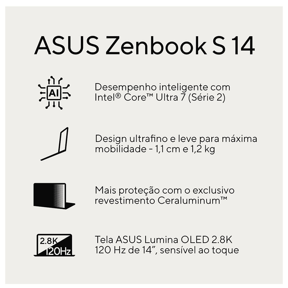 Notebook Asus Zenbook S 14, OLED Intel Core Ultra 7, 32GB, 1000 GB, W11 Home, Tela 14" - UX5406SA-PZ172W