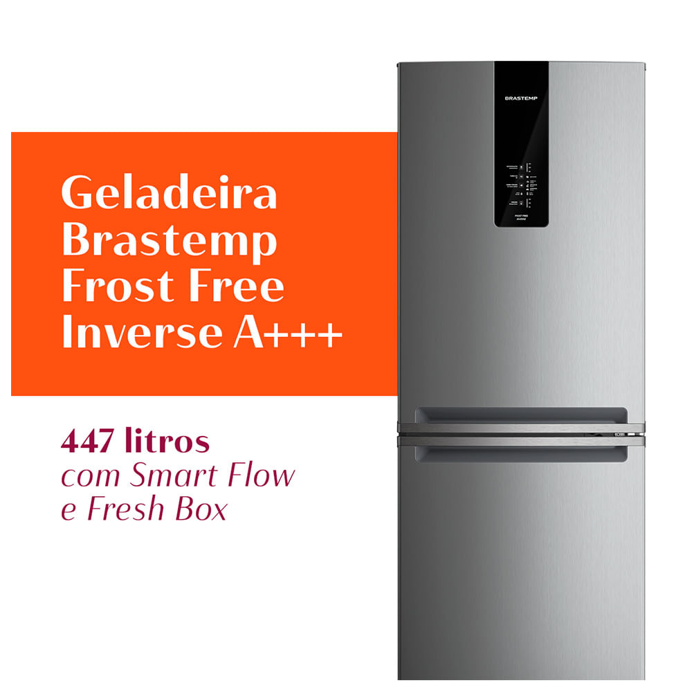 Refrigerador Brastemp Inverse Frost Free A+++ 447 Litros Inox com Smart Flow e Fresh Box - BRE57FK