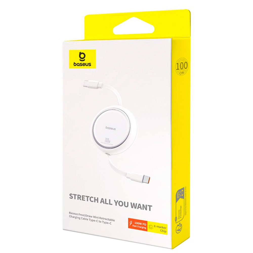 Cabo Tipo C para Tipo C Baseus Free2Draw Mini Retrátil 100W 1 m Baseus Branco - P10364500211-00