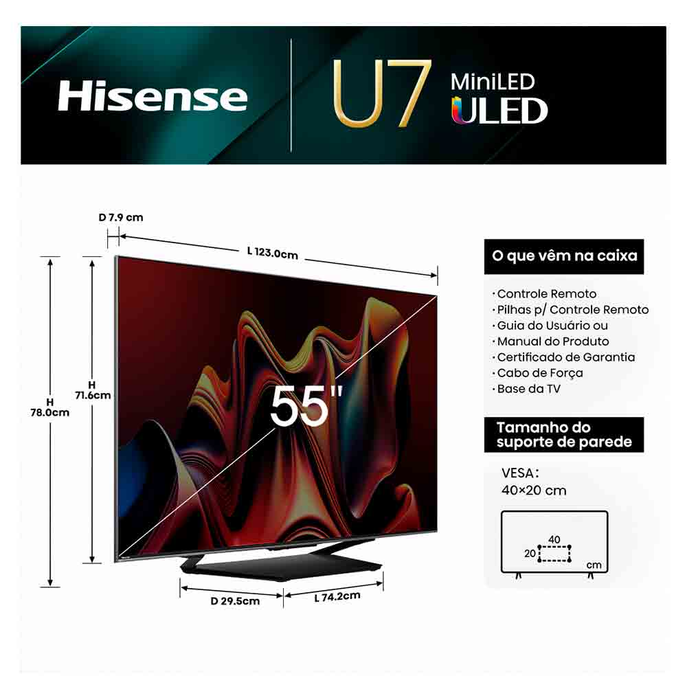 Smart TV Hisense Mini LED UHD 4K 55" Polegadas Frequência 144 Hz e Wi-Fi - 55U75LUA