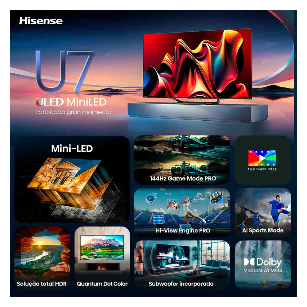 Smart TV Hisense Mini LED UHD 4K 55" Polegadas Frequência 144 Hz e Wi-Fi - 55U75LUA