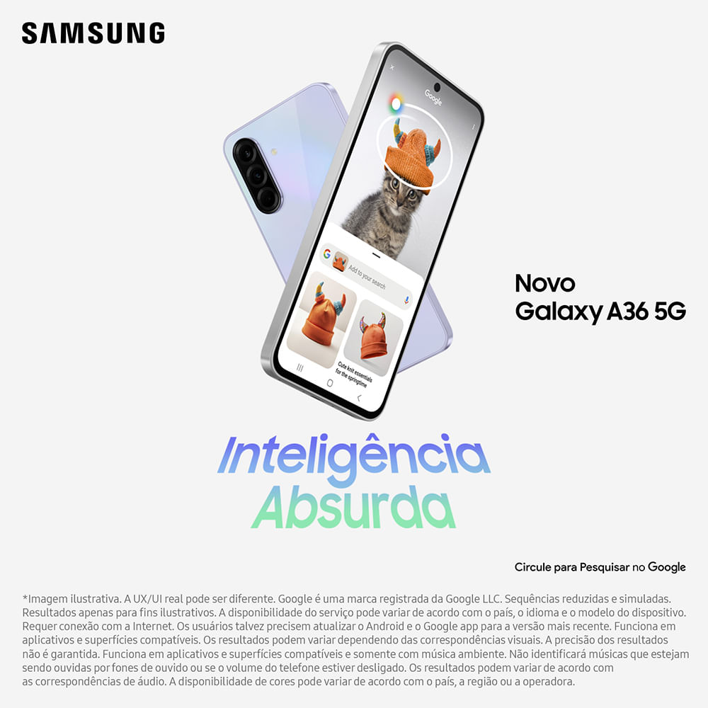 Celular Samsung Galaxy A36 5G 256GB, 8GB RAM, Câmera 50MP, IP67, Super AMOLED 6.7", Recursos AI Branco