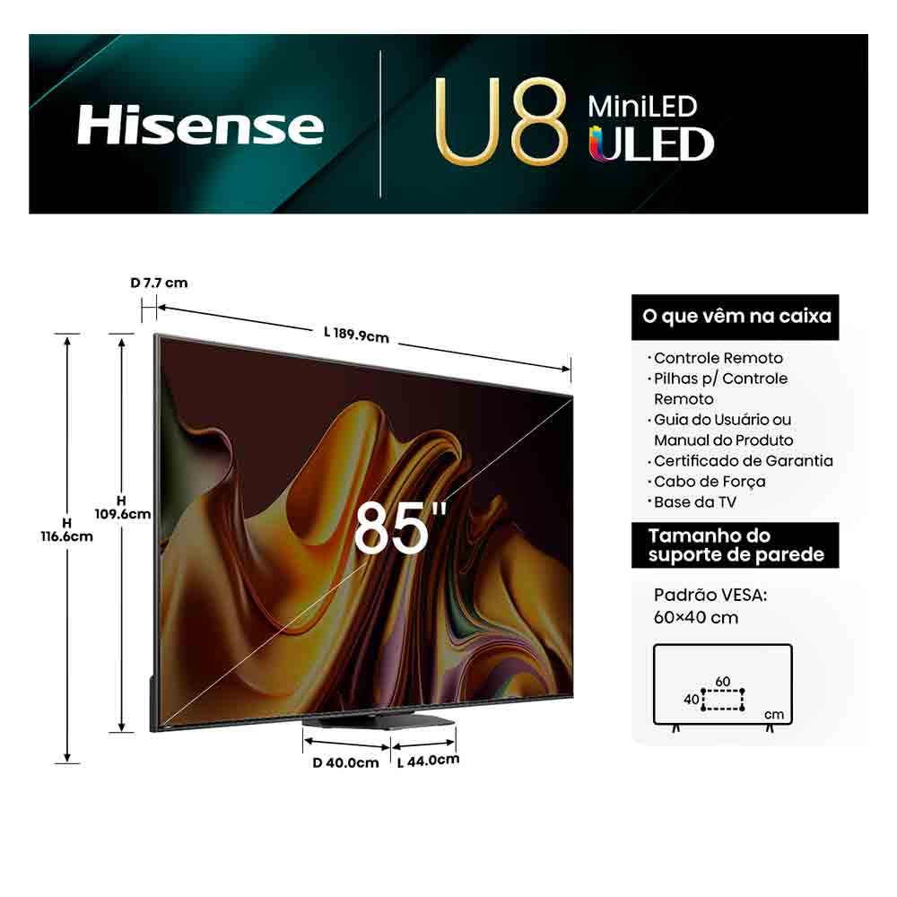 Smart TV Hisense UHD 4K Mini LED 85" Polegadas 85U8N com Wi-Fi e Bluetooth Áudio