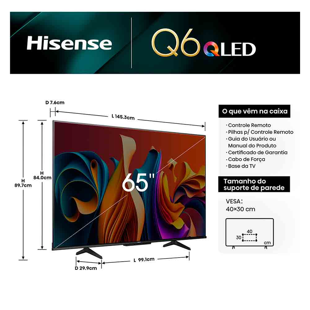 Smart TV Hisense QLED 4K UHD 65" 65Q6N Polegadas com Wi-Fi - 65A51HUA