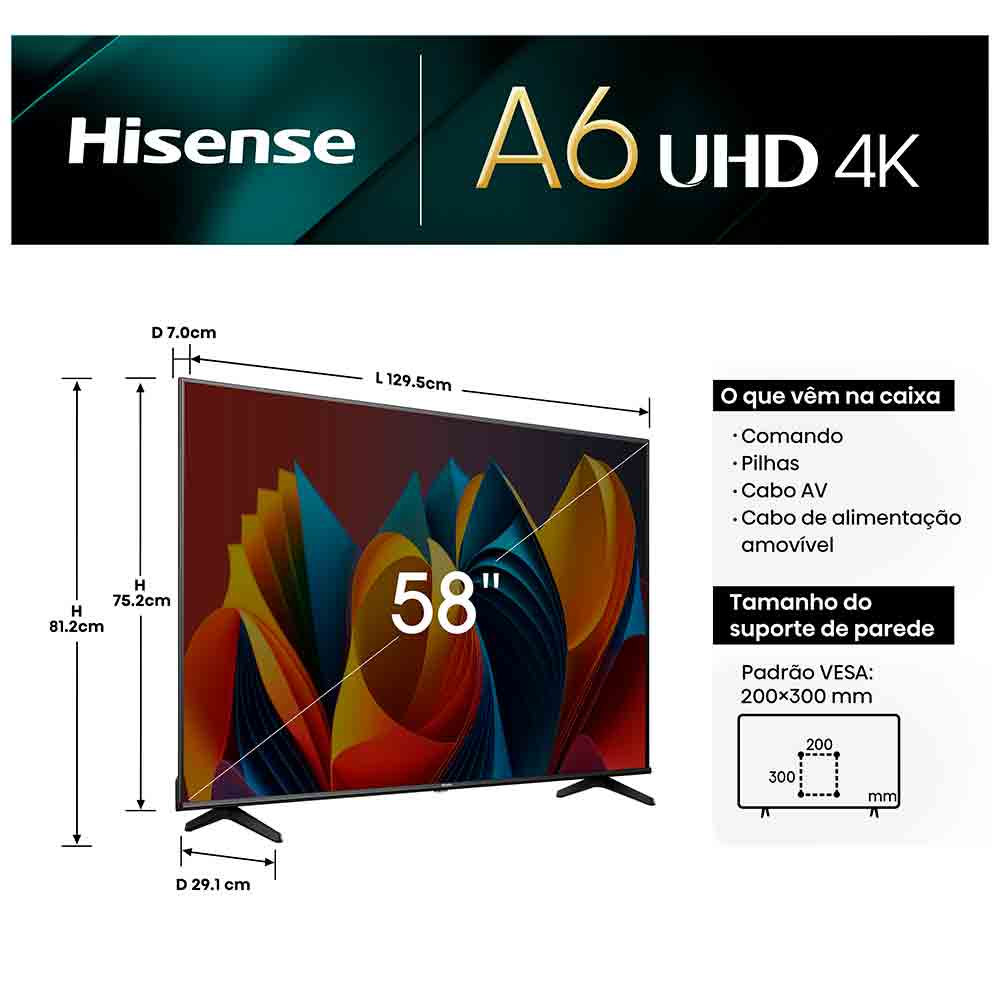 Smart TV Hisense UHD 4K DLED 58" Polegadas 58A6K com Sleep Timer, Entrada HDMI e Wi-Fi