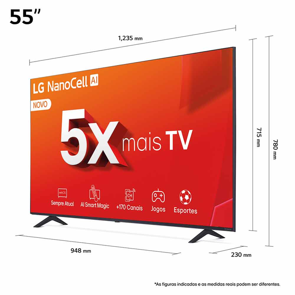 Smart TV 4K LG NanoCell 55" Polegadas 55NANO80TSA, Processador a5 Ger7 AI, Alexa, Controle Smart Magic e Wi-Fi