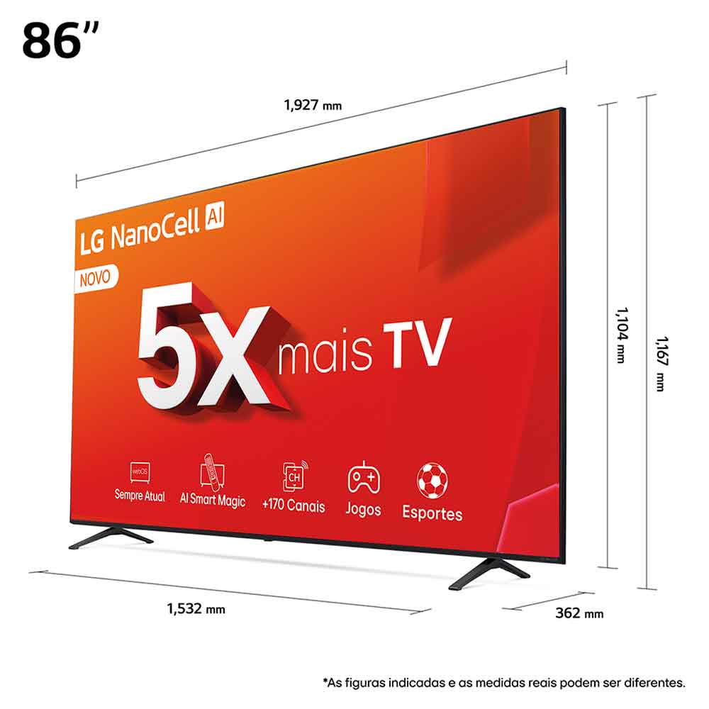 Smart TV 4K LG NanoCell 86" Polegadas 86NANO80TSA, Processador a8 AI, Freesync, Alexa e Wi-Fi