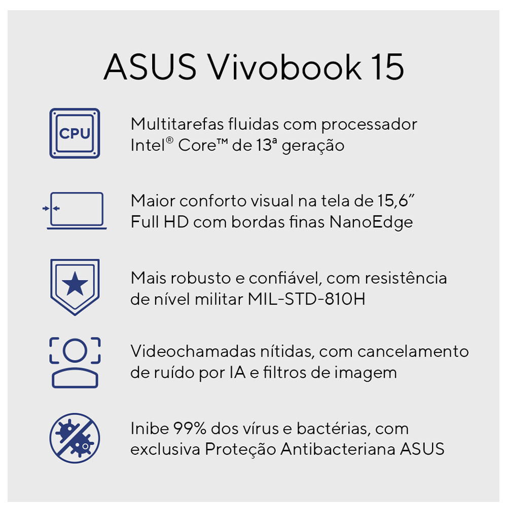 Notebook ASUS VivoBook 15, Intel Core i5, 8GB, 512GB SSD, W11 Home, 15.6'' FHD, Quiet Blue - X1504VA-NJ1743W