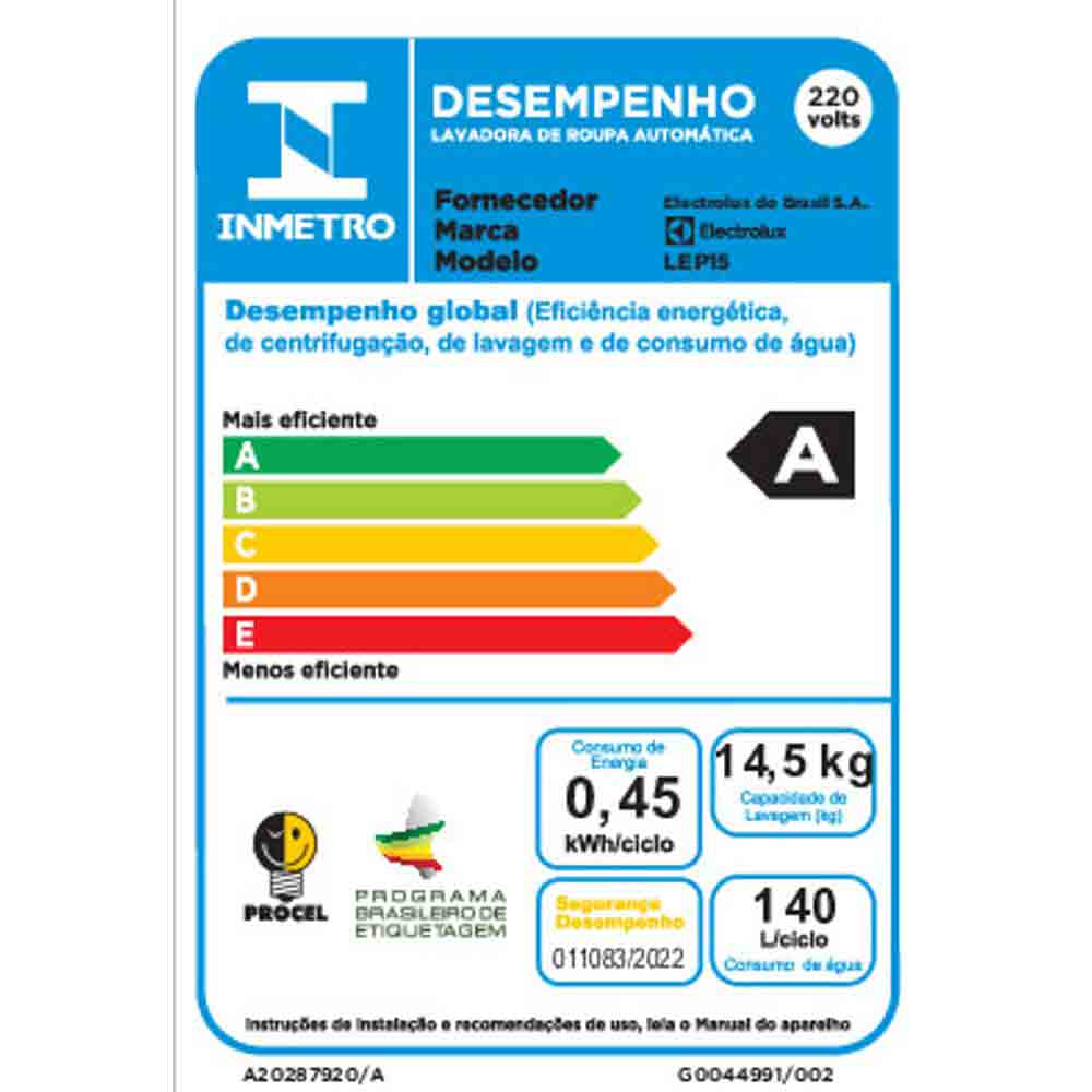 Lavadora de Roupas Electrolux 14,5 Kg Efficient com 11 Programas de Lavagem, Jet&Clean e Ultra Filter? - LEP15