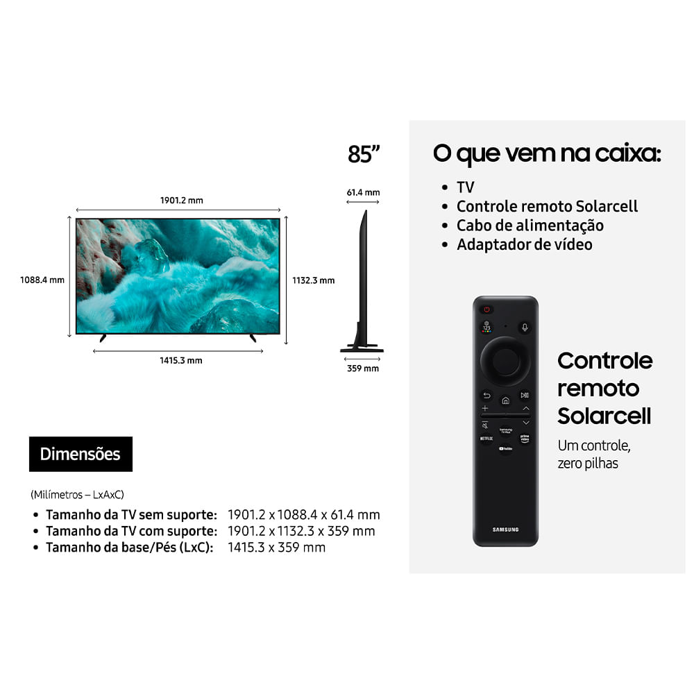 Smart TV Samsung 85" Polegadas QLED 4K Q7F 2025, Processador com AI e Alexa Integrada