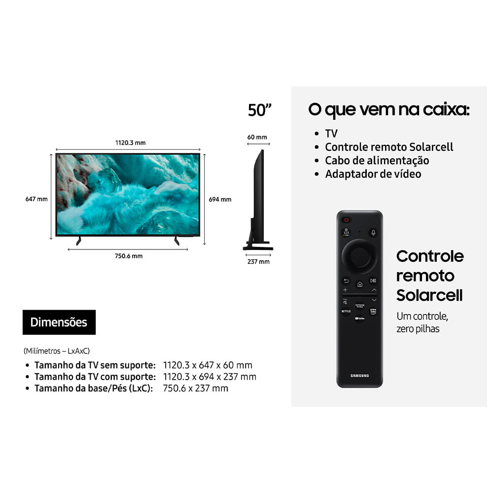 Smart TV Samsung Vision AI 50" Polegadas QLED 4K Q7F 2025, Processador com AI e Alexa Integrada