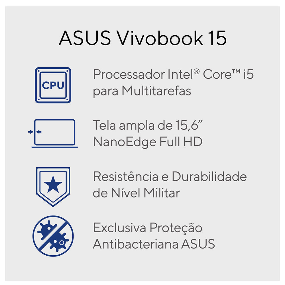 Notebook Asus VivoBook 15, Intel® Core i5 1235U, 8GB, 512GB SSD, Tela de 15,6" FHD, Cool Silver - X1504ZA-NJ986W