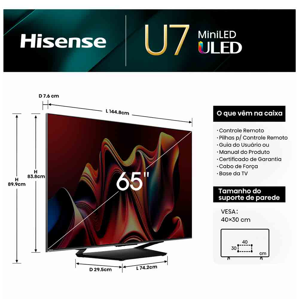 Smart TV Hisense  Mini LED UHD 4K 65" Polegadas Frequência 144 Hz e Wi-Fi - 65U75LUA