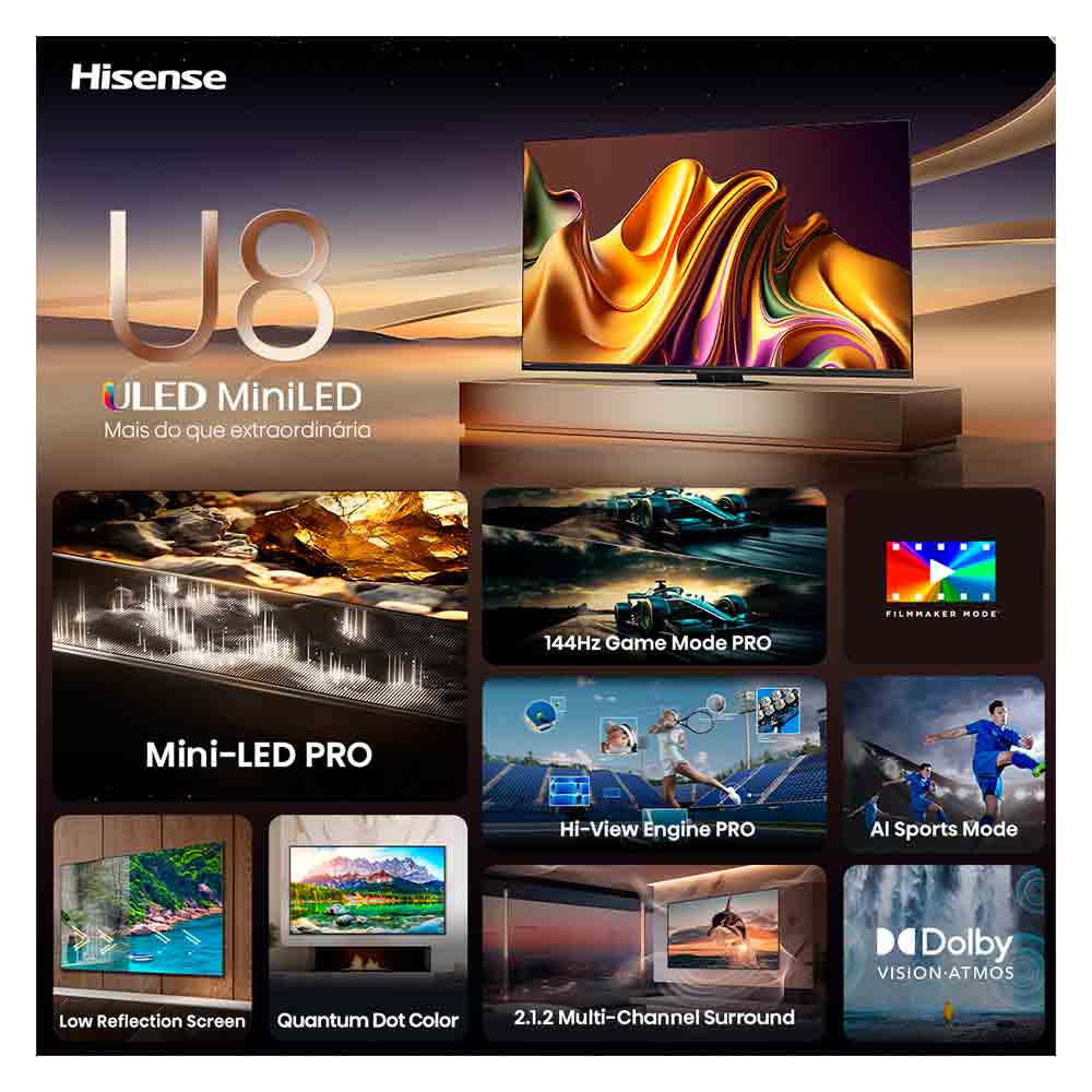 Smart TV Hisense UHD 4K Mini LED 85" Polegadas 85U8N com Wi-Fi e Bluetooth Áudio