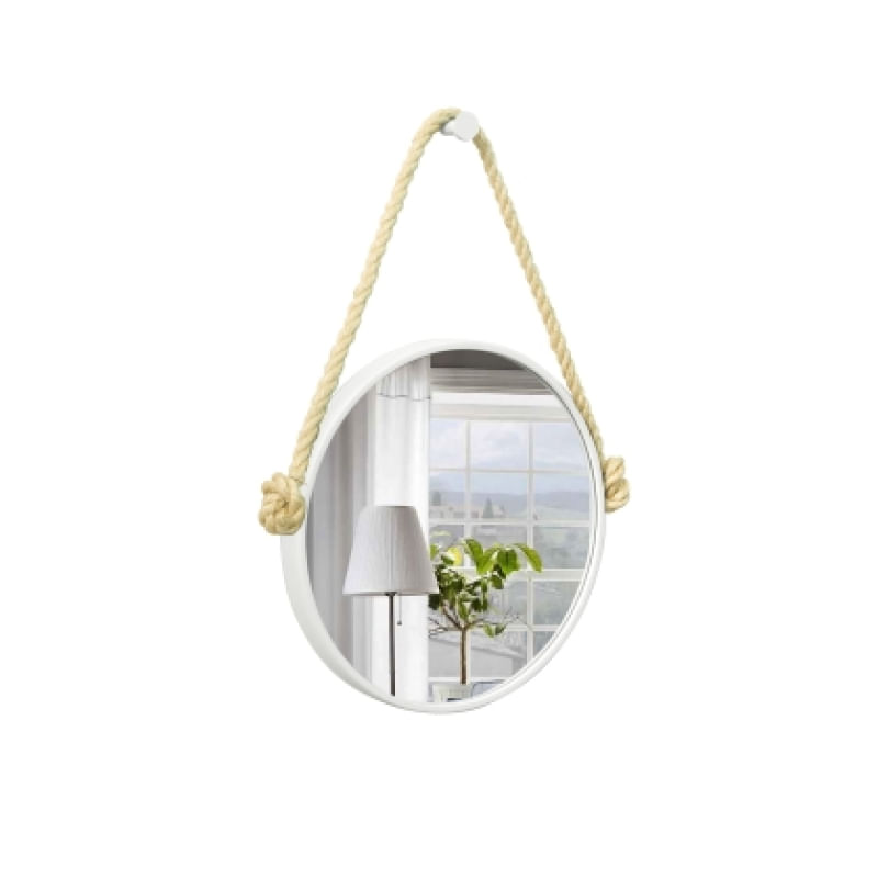 Espelho Decorativo Adnet Branco Alça Sisal 30cm Redondo Natural