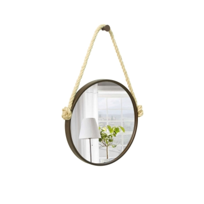 Espelho Decorativo Adnet Marrom Alça Sisal 30cm Redondo Natural