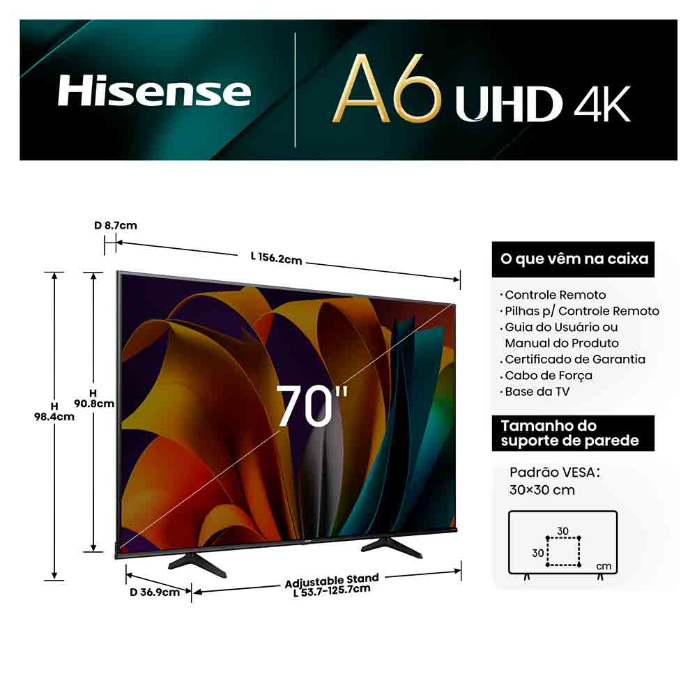 Smart TV Hisense DLED 4K 70" Polegadas 70A51HUV com LED Sleep Timer, Entrada HDMI e Wi-fi