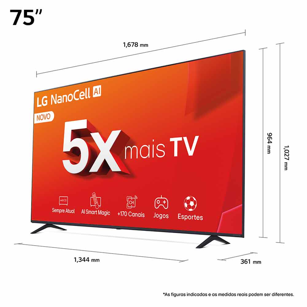 Smart TV 4K LG NanoCell 75" Polegadas 75NANO80TSA, Processador a5 Ger7 AI, Alexa, Controle Smart Magic e Wi-Fi