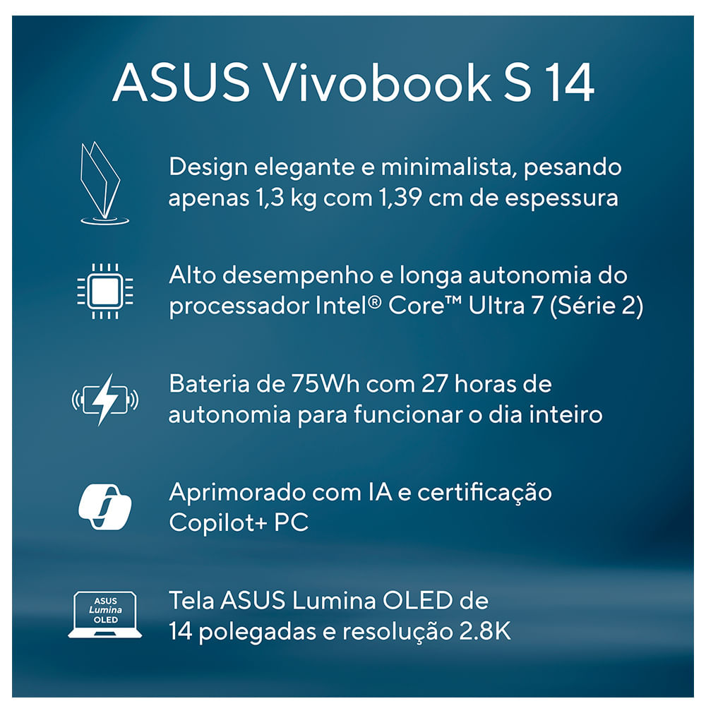 Notebook Asus VivoBook S 14, Core Ultra7 258V, 32GB, 1TB GB SSD, Tela de 14" OLED, Mist Blue - S5406SA-PP097W