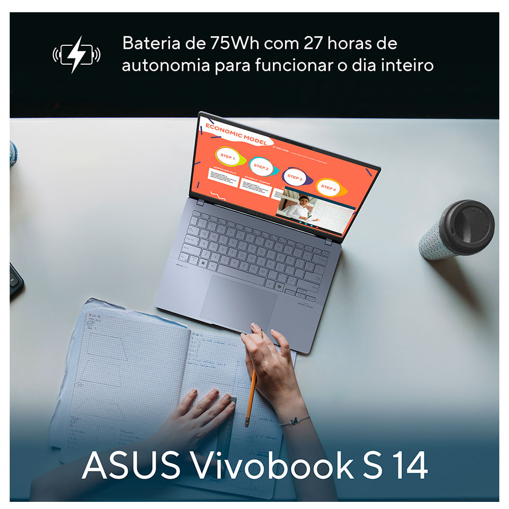 Notebook Asus VivoBook S 14, Core Ultra7 258V, 32GB, 1TB GB SSD, Tela de 14" OLED, Mist Blue - S5406SA-PP097W