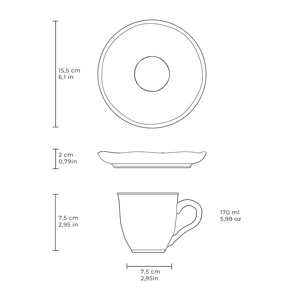Conjunto Bio Raio com 06 Xícaras de Chá Orgânico 170ml com 06 Pires em Stoneware Geométrico - Porto Brasil