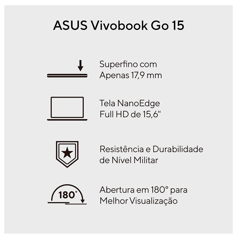 Notebook Asus Vivobook Go 15, Intel® Core™ i3, 8GB/512GB SSD, KeepOS, Tela de 15.6" - E1504GA-NJ438