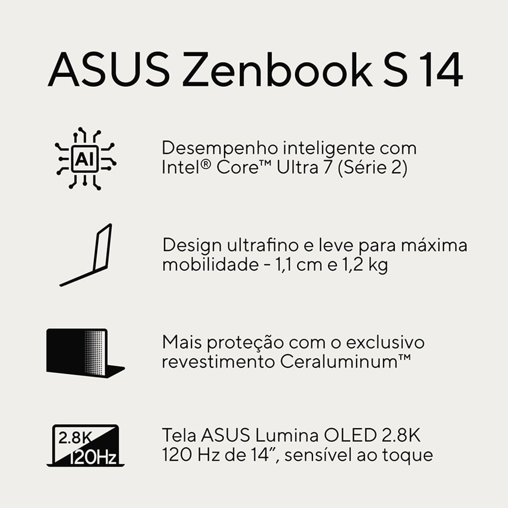Notebook Asus Zenbook S 14, OLED Intel Core Ultra 7, 32GB, 1000 GB, W11 Home, Tela 14" - UX5406SA-PZ172W