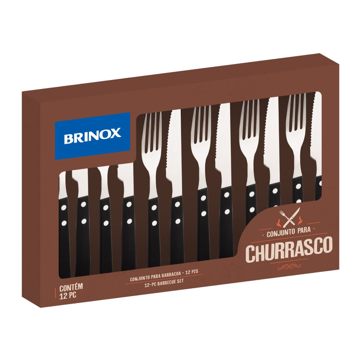 Jogo De Talheres Para Churrasco 12 Peças Aço Inoxidável Linha Churrasco da Brinox Preto