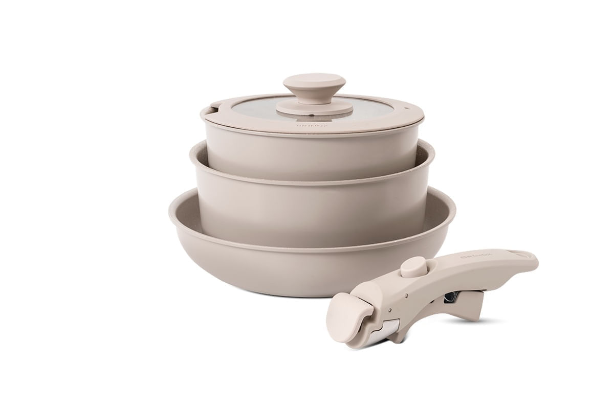 Jogo de Panelas Empilhável Brinox Fit 10 Peças Antiaderente Ceramic Life, Cabo Removível e Fundo de Indução - Areia Bege