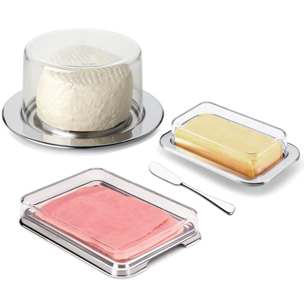 Kit Café Da Manhã Queijeira Porta Frios Manteigueira e Espátula Aço Inox