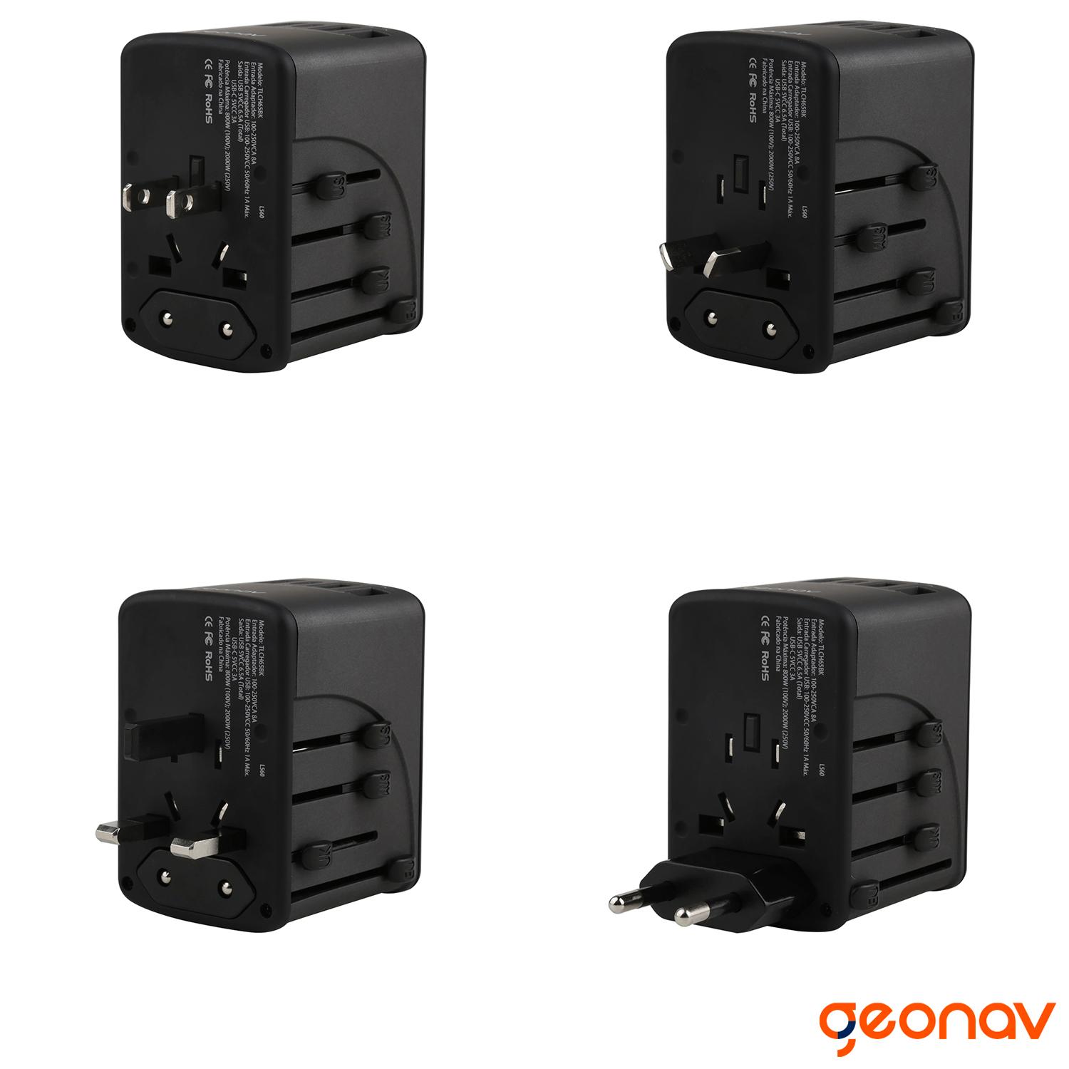Carregador Universal com Adaptadores de Viagem USB + USB-C Preto - Geonav - TLCH65BK