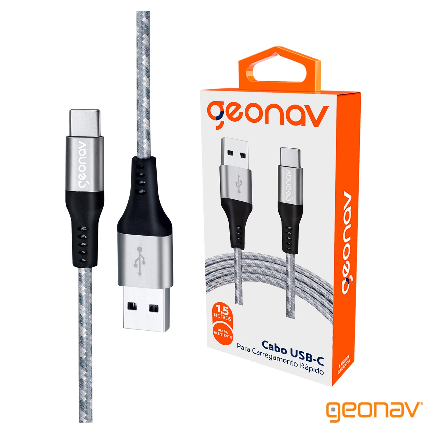 Cabo USB-C com Conector USB-A e 1,5M para Carregamento Rápido - Geonav - UCC06
