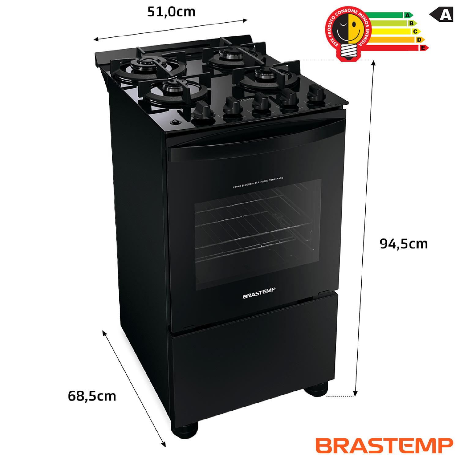Fogão de Piso Brastemp de 04 Piso com Mesa de Vidro e Dupla Chama Preto - BFO4XAE