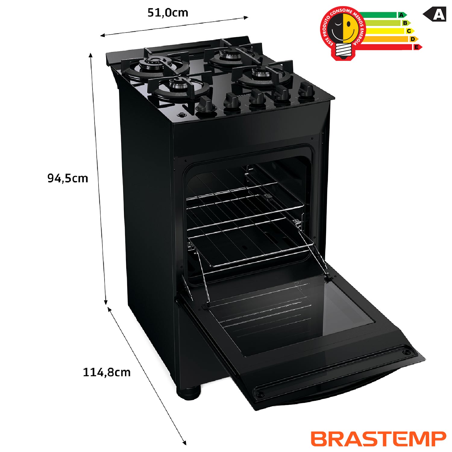 Fogão de Piso Brastemp de 04 Piso com Mesa de Vidro e Dupla Chama Preto - BFO4XAE