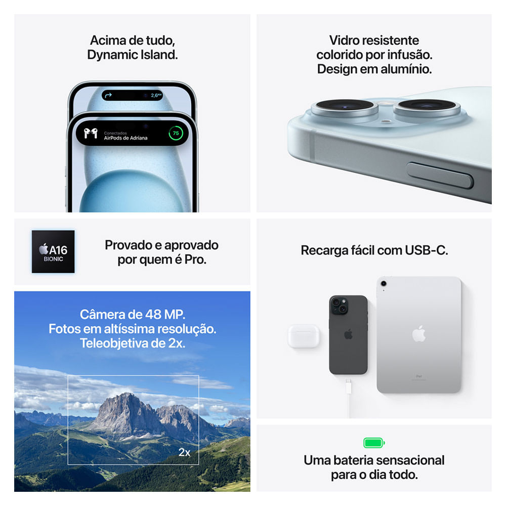 iPhone 15 Apple (128GB) Azul, Tela de 6,1", 5G e Câmera de 48 MP