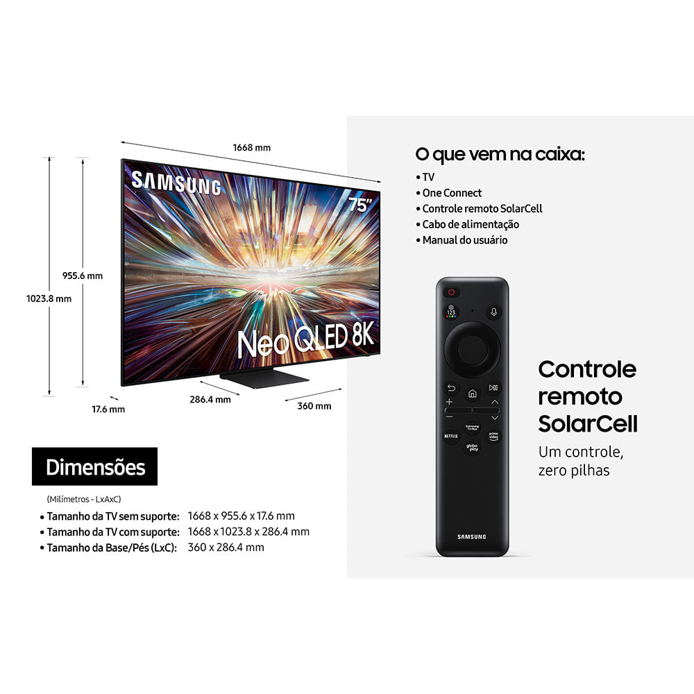 Smart TV Samsung AI Big Neo QLED 8K 75" Polegadas 75QN800D 2024, Processador com AI e Alexa Built-in