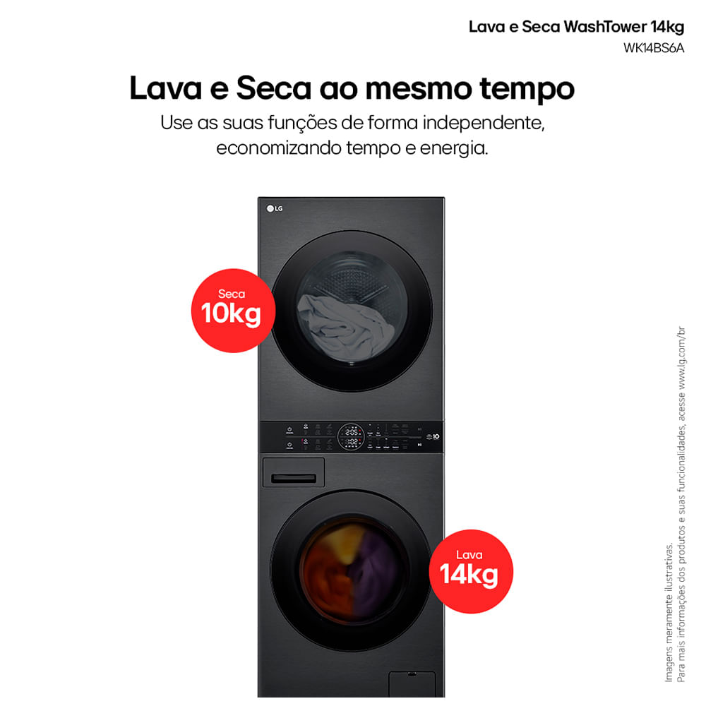 Lava e Seca Torre Smart LG WashTower 14kg Black Inox com AIDD™ WK14BS6A