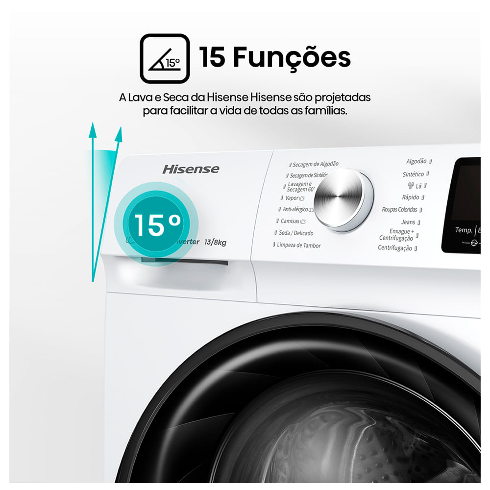 Lava e Seca 13Kg Hisense Branca com 13 Programas de Lavagem, Steam, Wi-Fi - WD3S13
