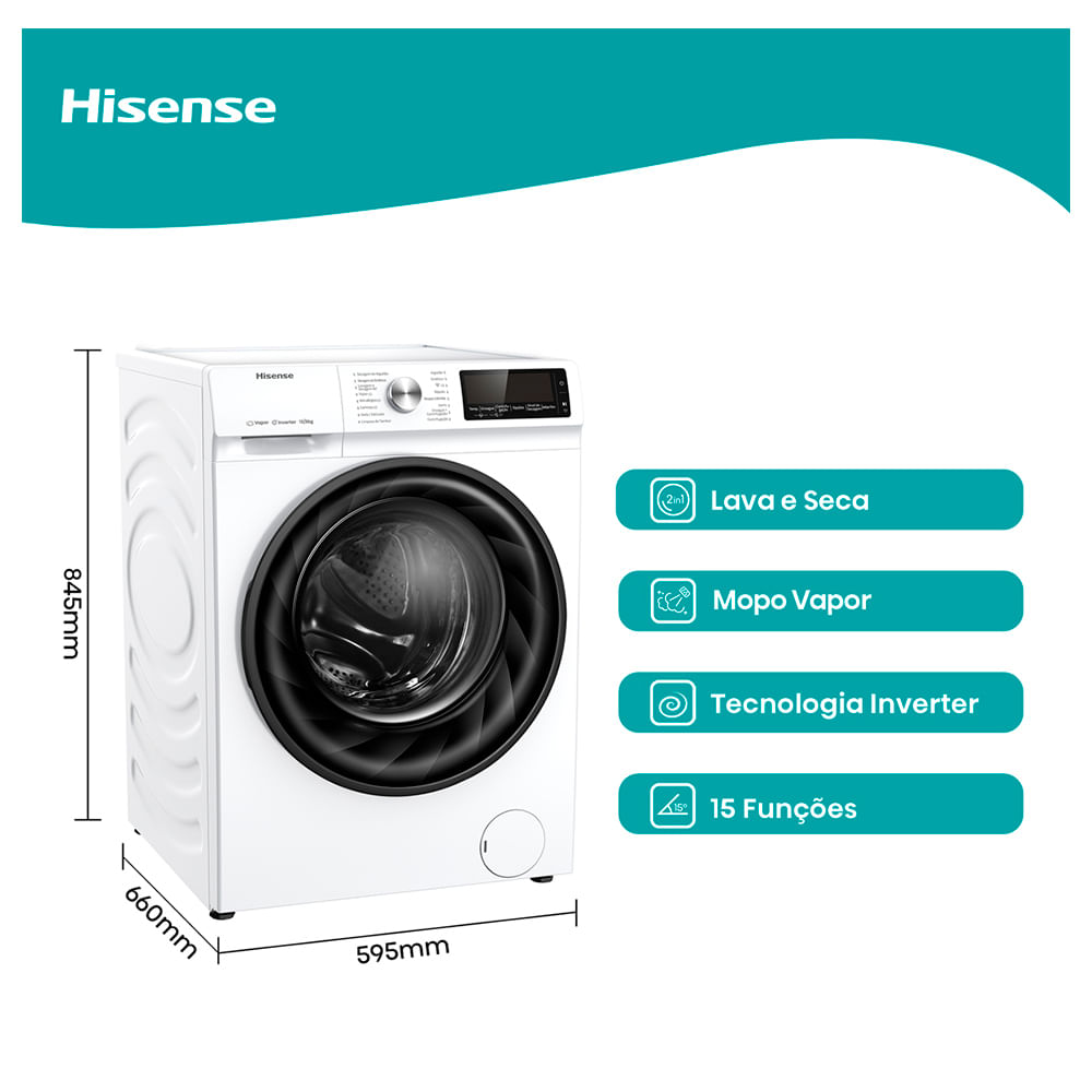 Lava e Seca 13Kg Hisense Branca com 13 Programas de Lavagem, Steam, Wi-Fi - WD3S13