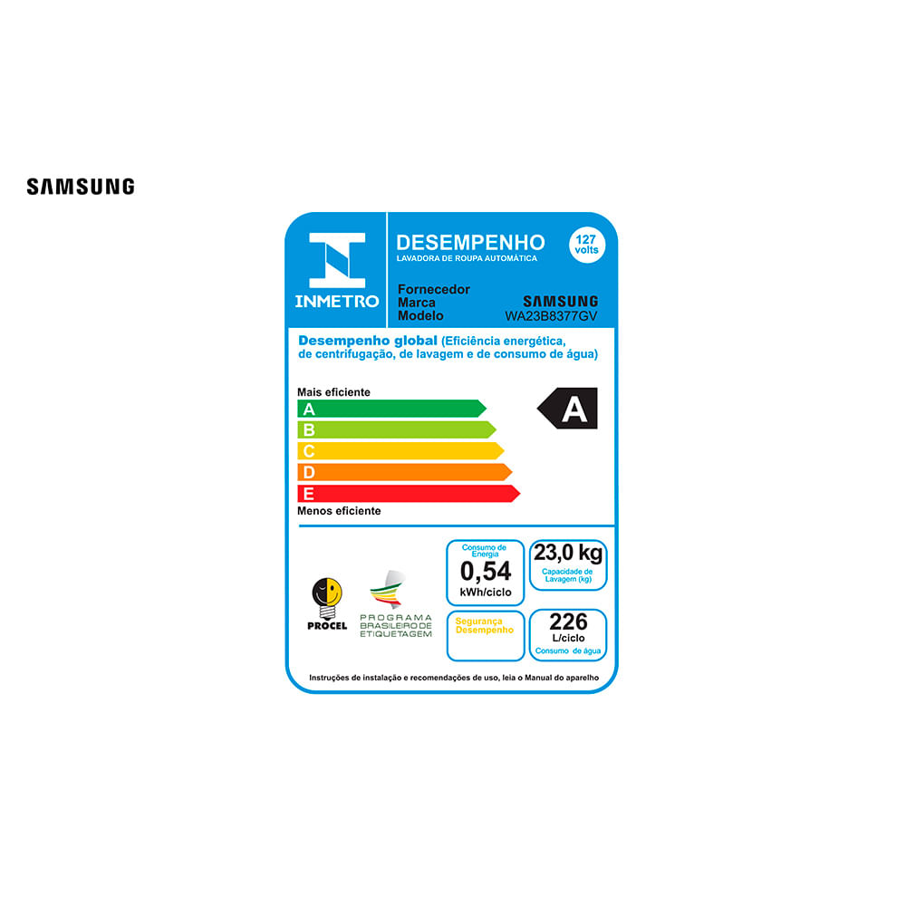 Lavadora de Roupas Samsung 23 Kg Digital Inverter Black  com 12 Programas de Lavagem - WA23B8377GV