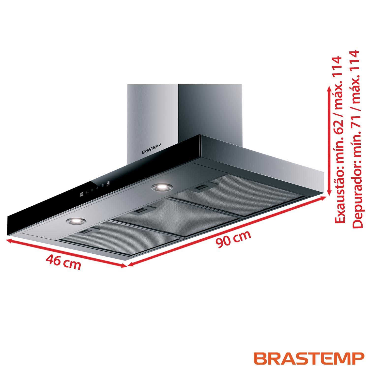 Coifa de Parede Brastemp 90 cm Tbox com 03 Velocidades + Turbo, Painel Touch, Timer, Inox - BAE90AR