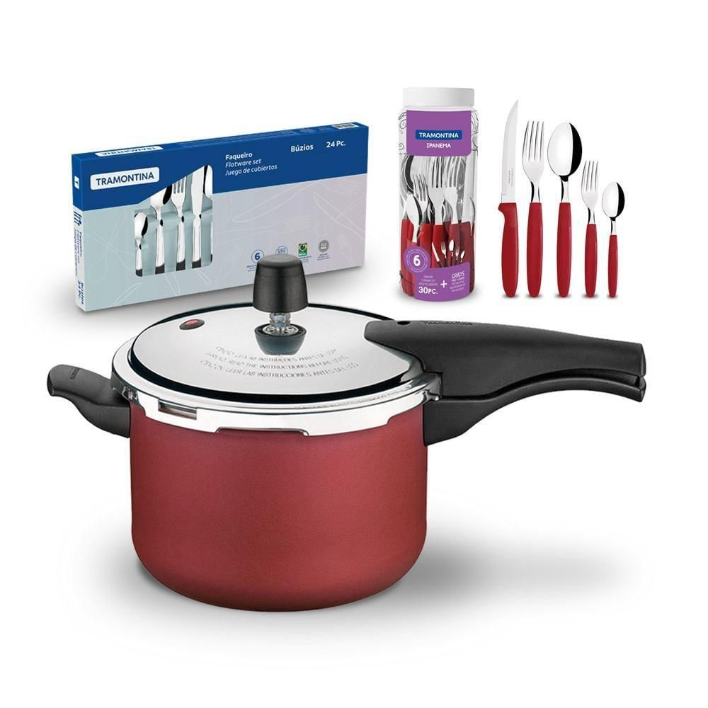 Kit Panela de Pressão Vancouver 4,5L Vermelha com Faqueiros Vermelho e Inox Tramontina