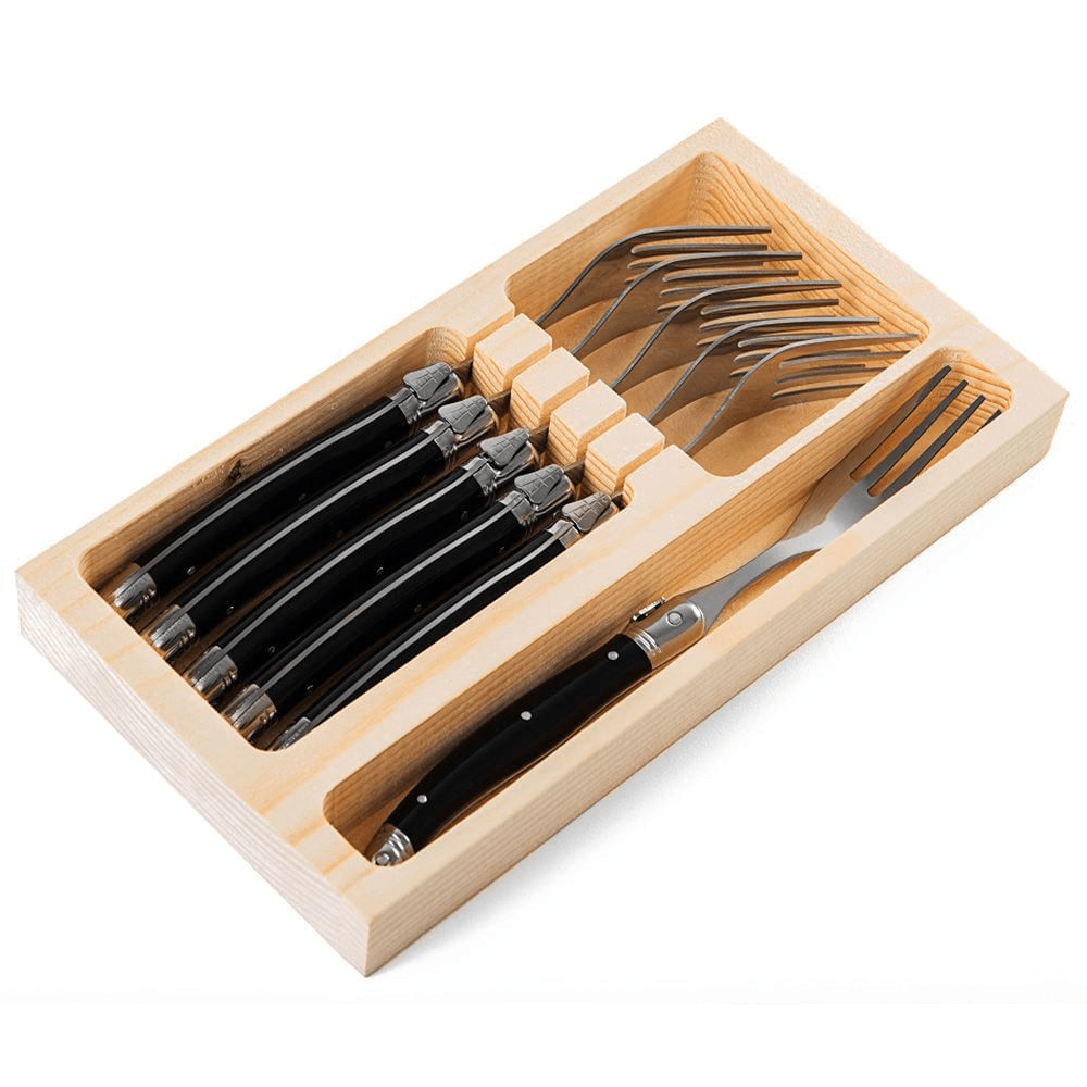 Garfo Sobremesa Luxo Preto Com Bandeja De Madeira 6 Peças - Laguiole