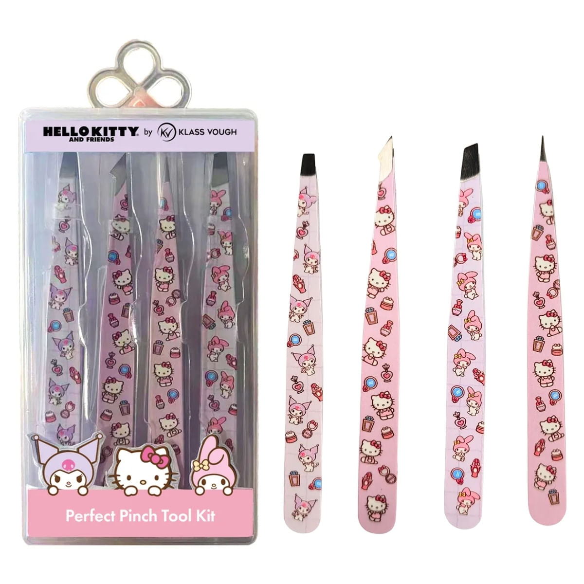 Kit com 4 Pinças Hello Kitty and Friends para Sobrancelhas Aço Inox Perfect Pinch Tool Klass Vough