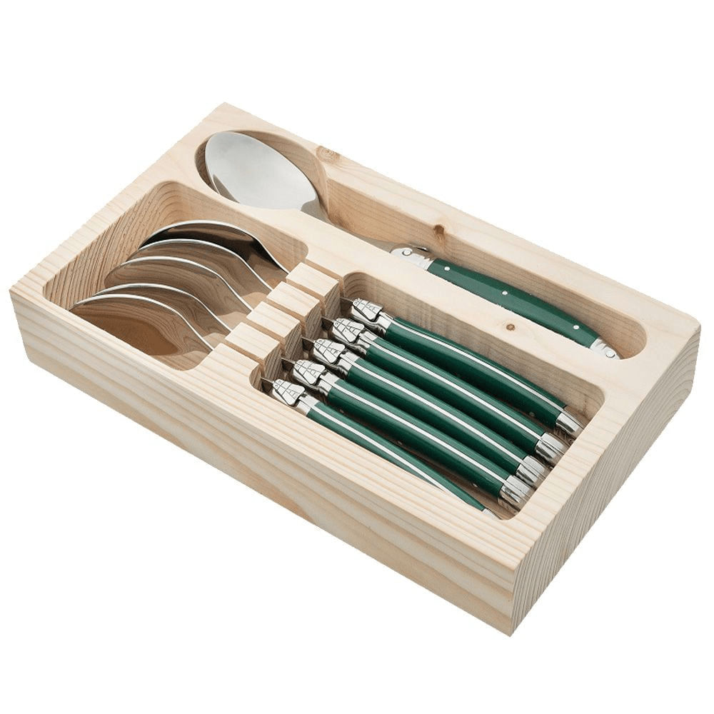 Colher Luxo Verde Com Bandeja De Madeira 6 Peças - Laguiole