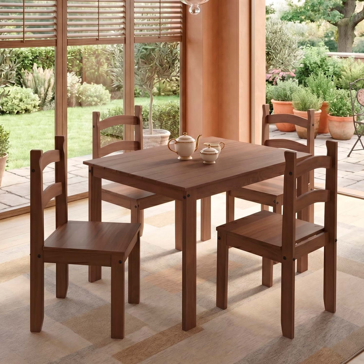 Conjunto de Mesa com 4 Cadeiras em Madeira Maciça Cor Chocolate