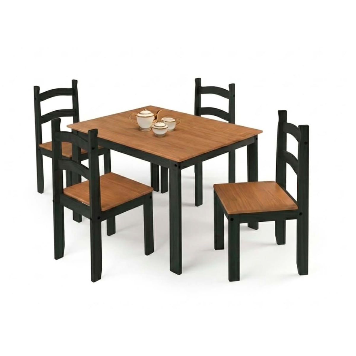 Conjunto de Mesa com 4 Cadeiras em Madeira Maciça Cor Preto Com Mel