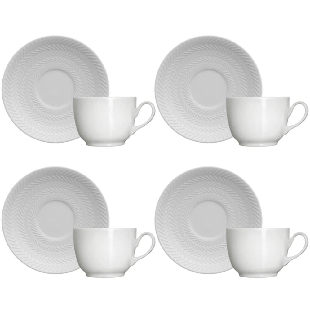 Jogo 4 Xícaras de Café com Pires 75ml em Porcelana Chevron Germer Branco