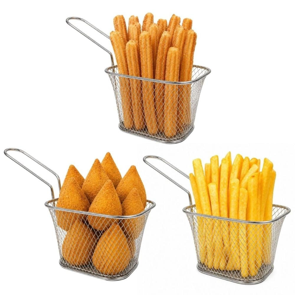 Jogo 3 Mini Cestos Inox Porção Fritas Churros Baker's Secret